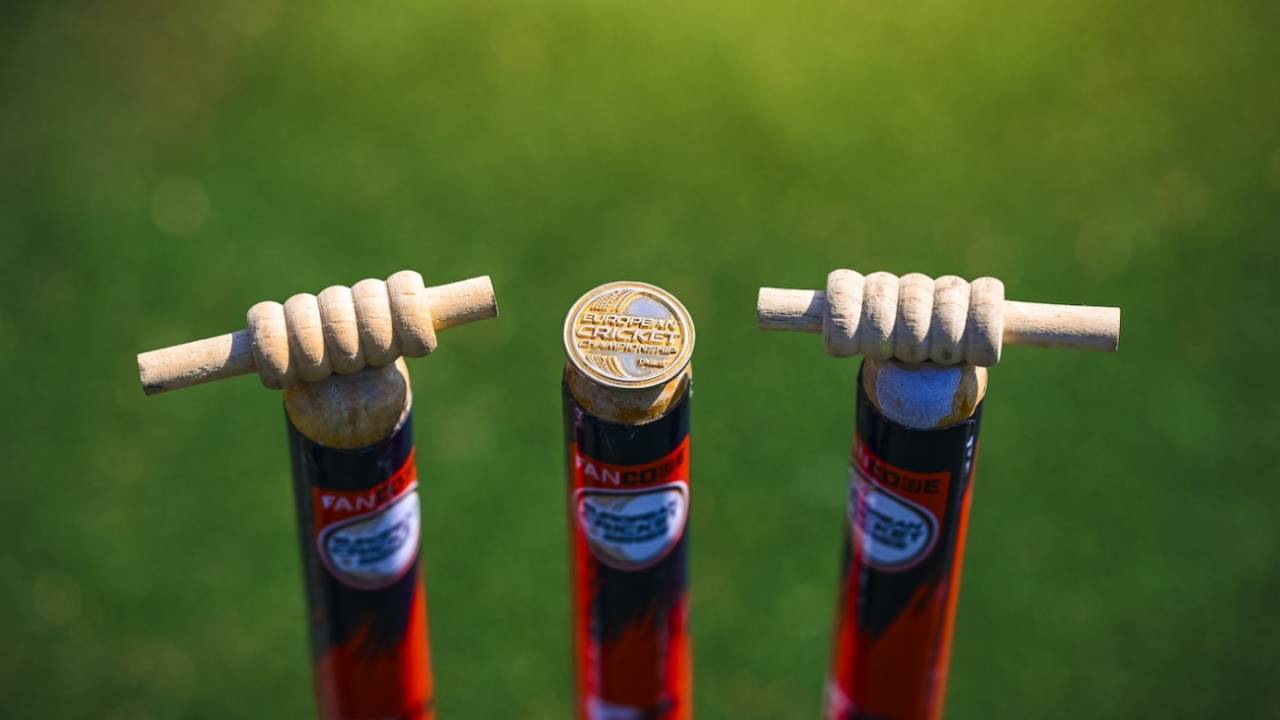 A close-up of the stumps at an European Cricket Series game, Krefeld, Germany, August 23, 2022