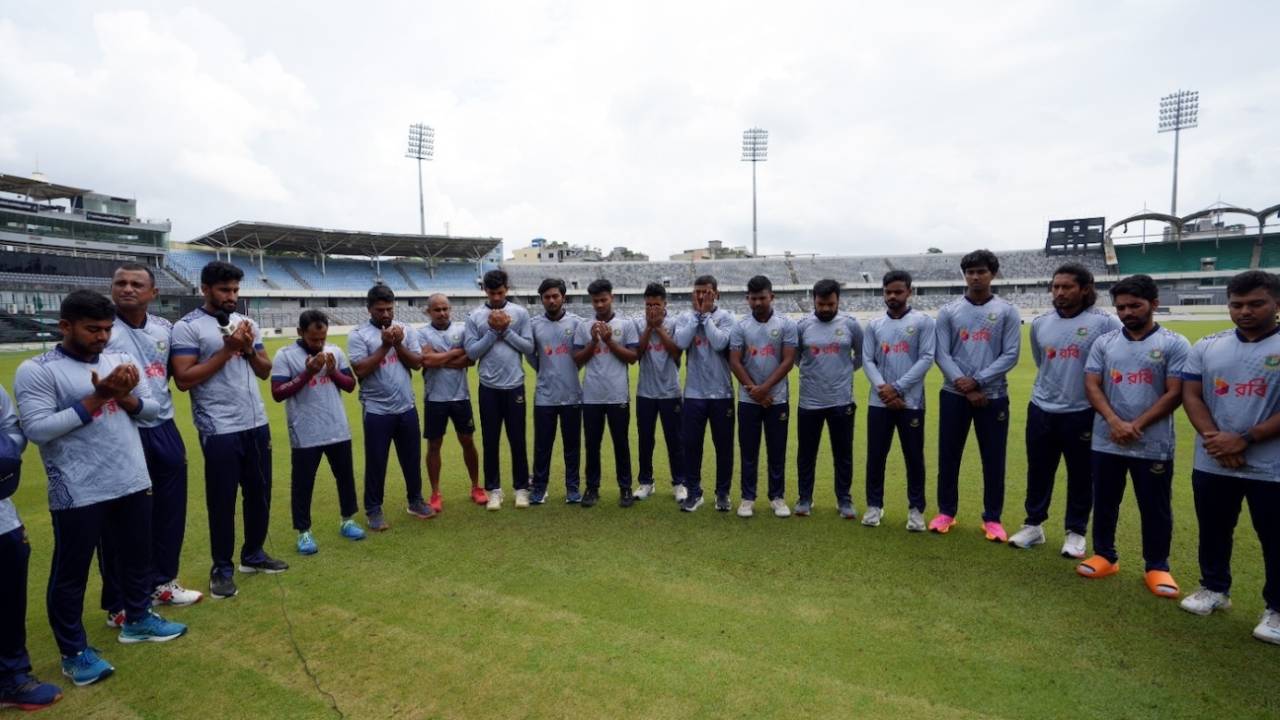 The Bangladesh A team players and management offer prayers for the deceased in the anti-government protests, Dhaka, August 7, 2024 