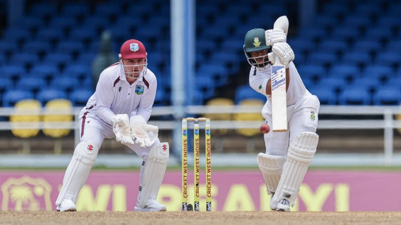 Temba Bavuma pushes one down the ground, West Indies vs South Africa, 1st Test, Port-of-Spain, day 2, August 8, 2024