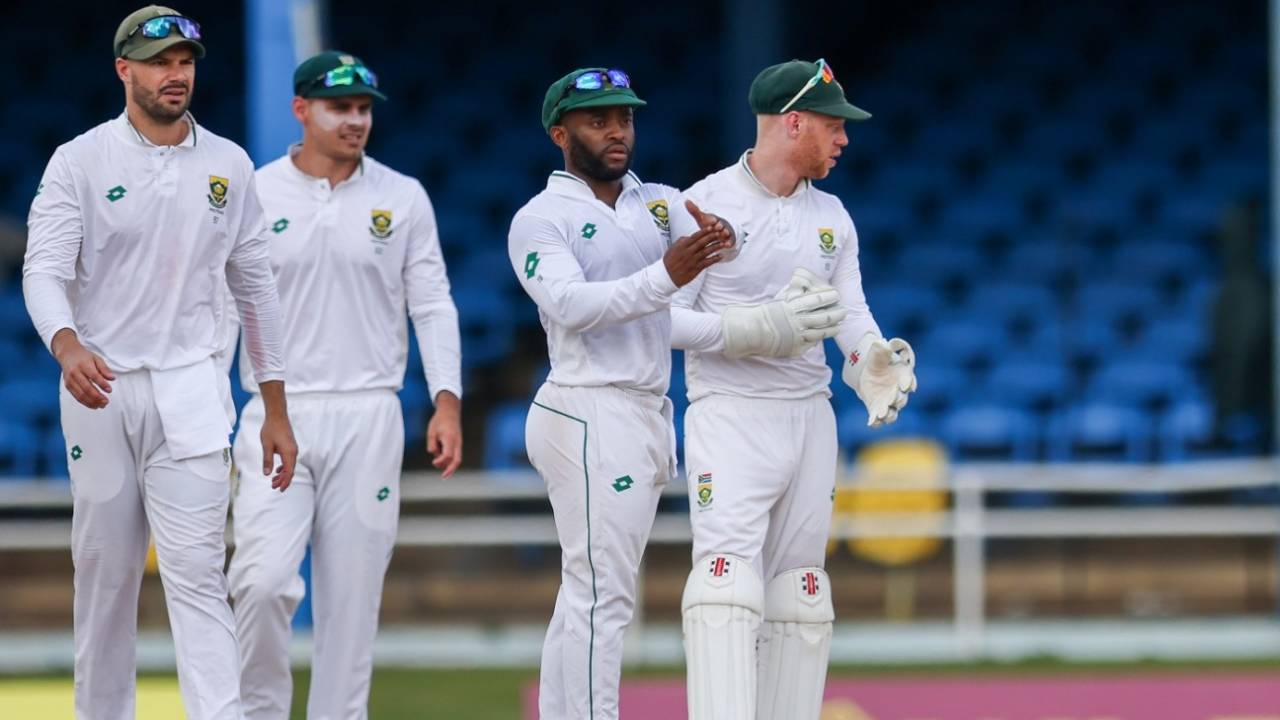 Temba Bavuma asks for a review, West Indies vs South Africa, 1st Test, Port-of-Spain, day 3, August 9, 2024