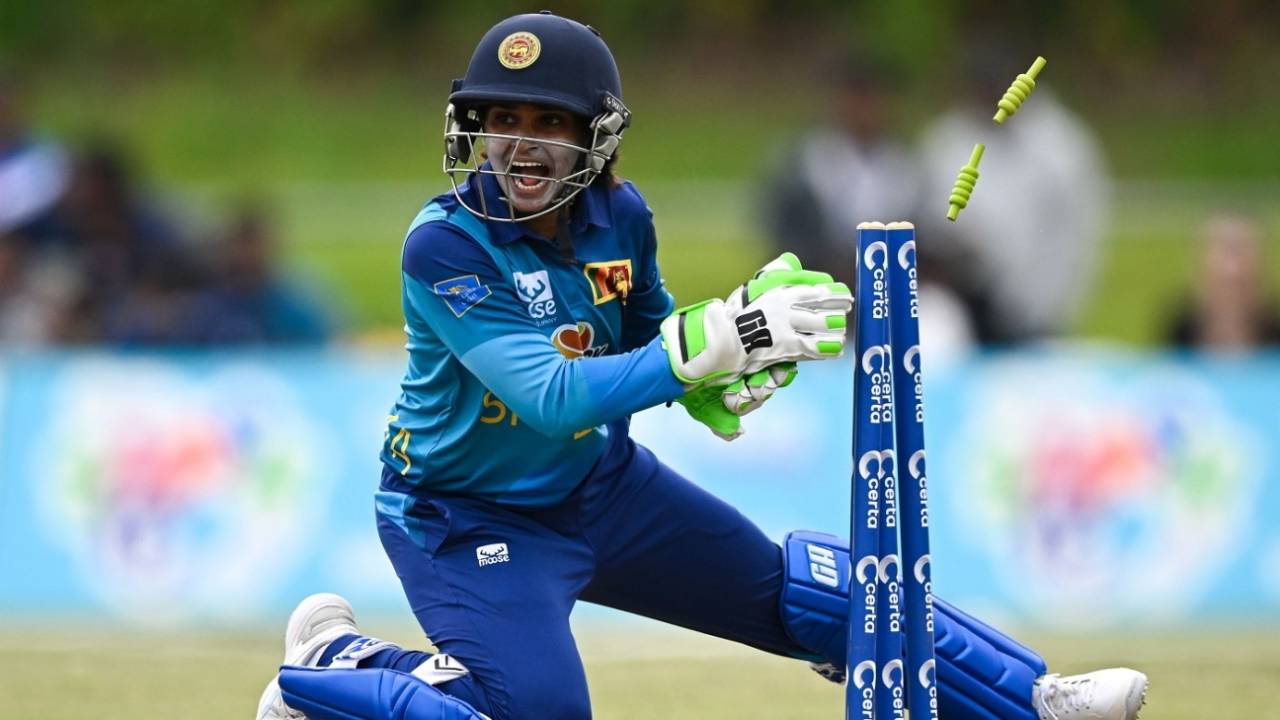 Anushka Sanjeewani appeals for a run-out, Ireland vs Sri Lanka, 1st Women's T20I, Dublin, August 11, 2024
