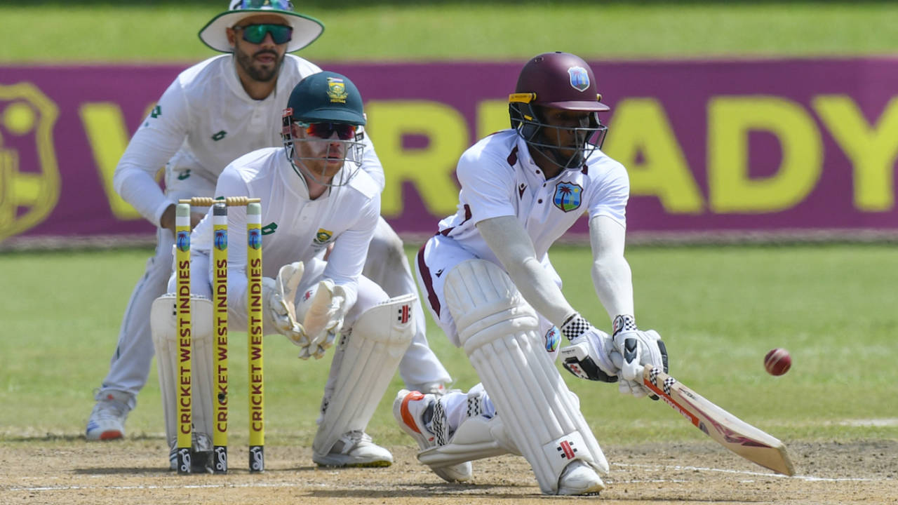 Alick Athanaze used the reverse sweep to try and hit Keshav Maharaj off his length, West Indies vs South Africa, 1st Test, Port-of-Spain, day 5, August 11, 2024