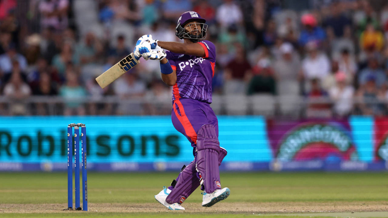 Nicholas Pooran swings one over the leg side during his half-century, Manchester Originals vs Northern Superchargers, The Hundred (men's), Emirates Old Trafford, August 11, 2024