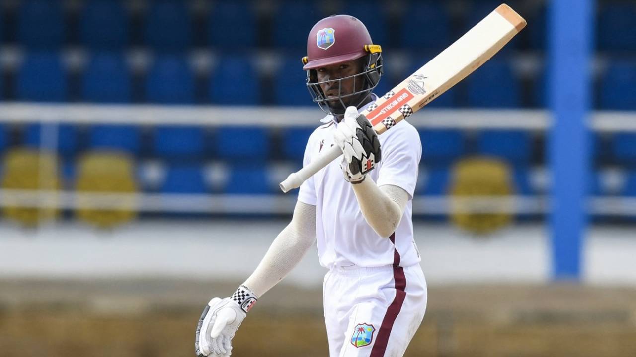 Alick Athanaze celebrates his half-century, West Indies vs South Africa, 1st Test, Port-of-Spain, day 5, August 11, 2024