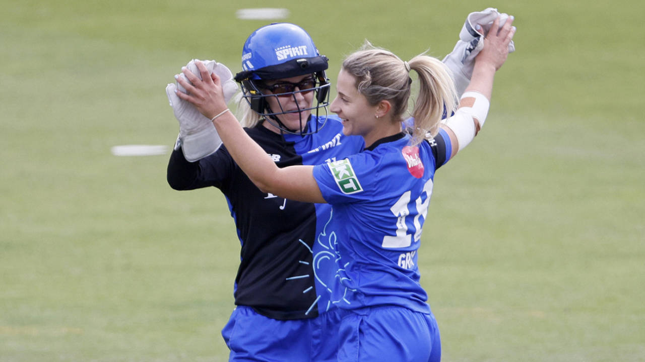 Eva Gray celebrates with Georgia Redmayne after bowling Hollie Armitage, Northern Superchargers vs London Spirit, Headingley, The Hundred (Women's), August 13, 2024