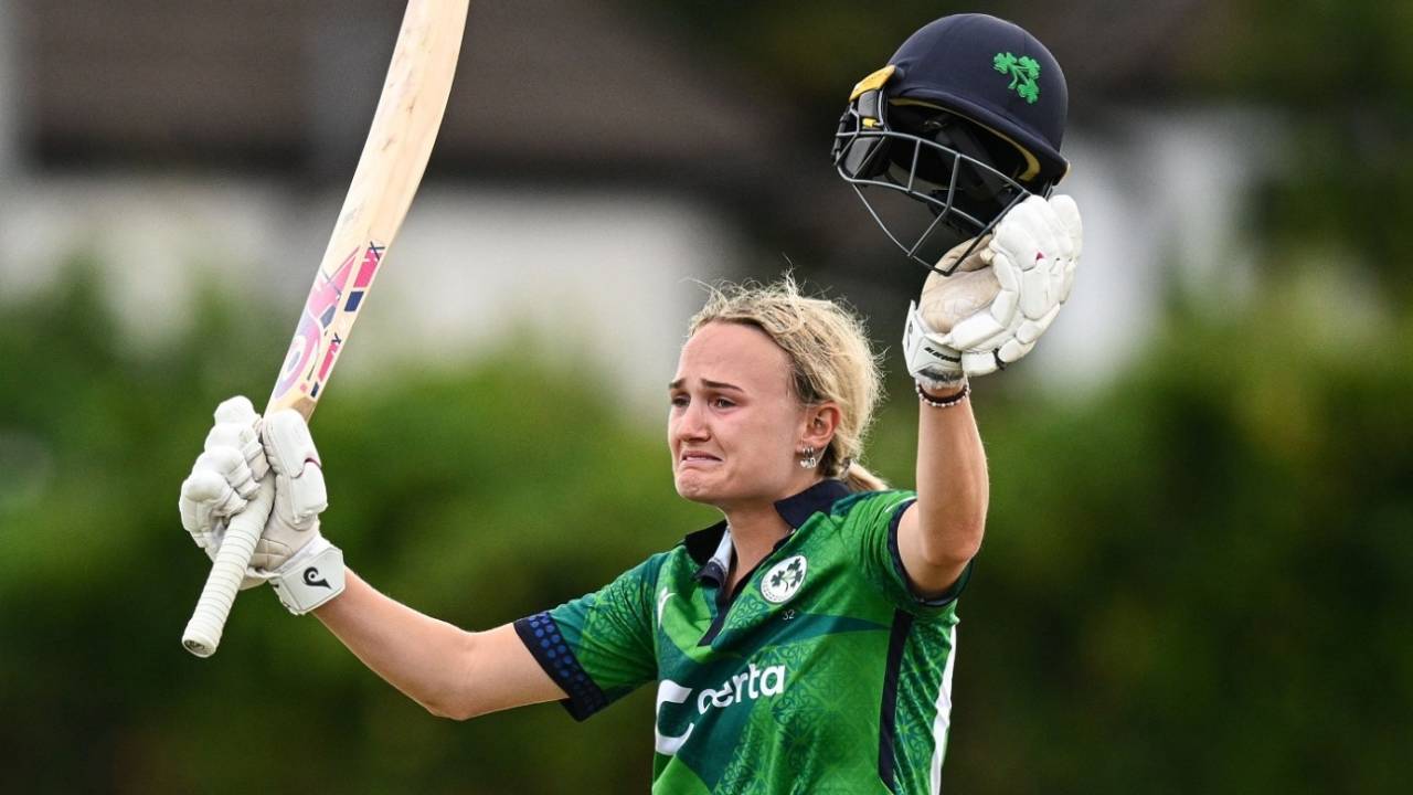 A visibly emotional Gaby Lewis celebrates after reaching her century, Ireland vs Sri Lanka, 2nd women's T20I, Dublin, August 13, 2024