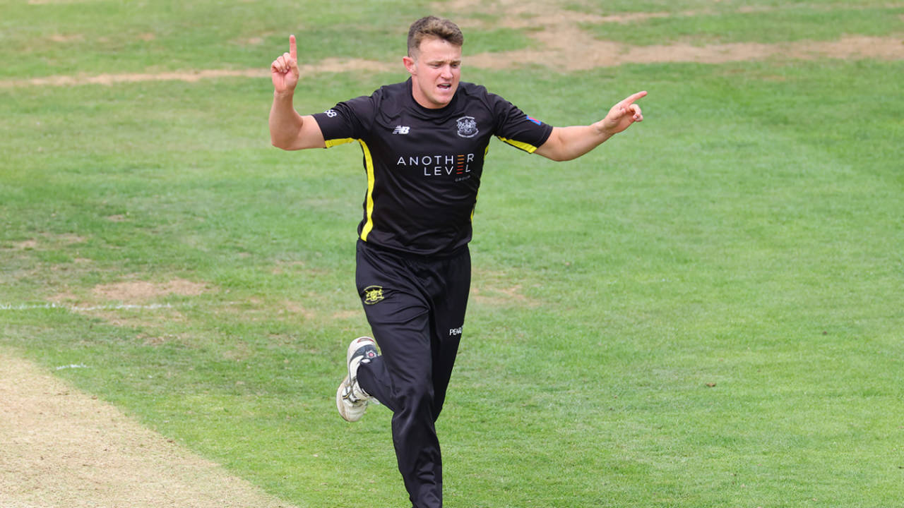 Josh Shaw celebrates an early wicket, Gloucestershire vs Leicestershire, Bristol, Metro Bank One Day Cup, August 14, 2024