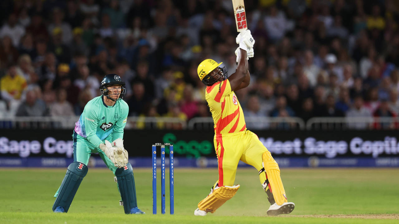 Rovman Powell lanuches a six over wide long-on, Trent Rockets vs Oval Invincibles, The Hundred (men's), Trent Bridge, August 14, 2024 