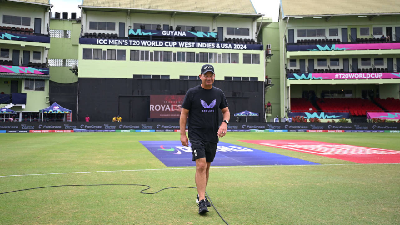 England white-ball coach Matthew Mott walks out for the warm-up, England vs India, T20 World Cup semi-final, Providence, Guyana, June 27, 2024