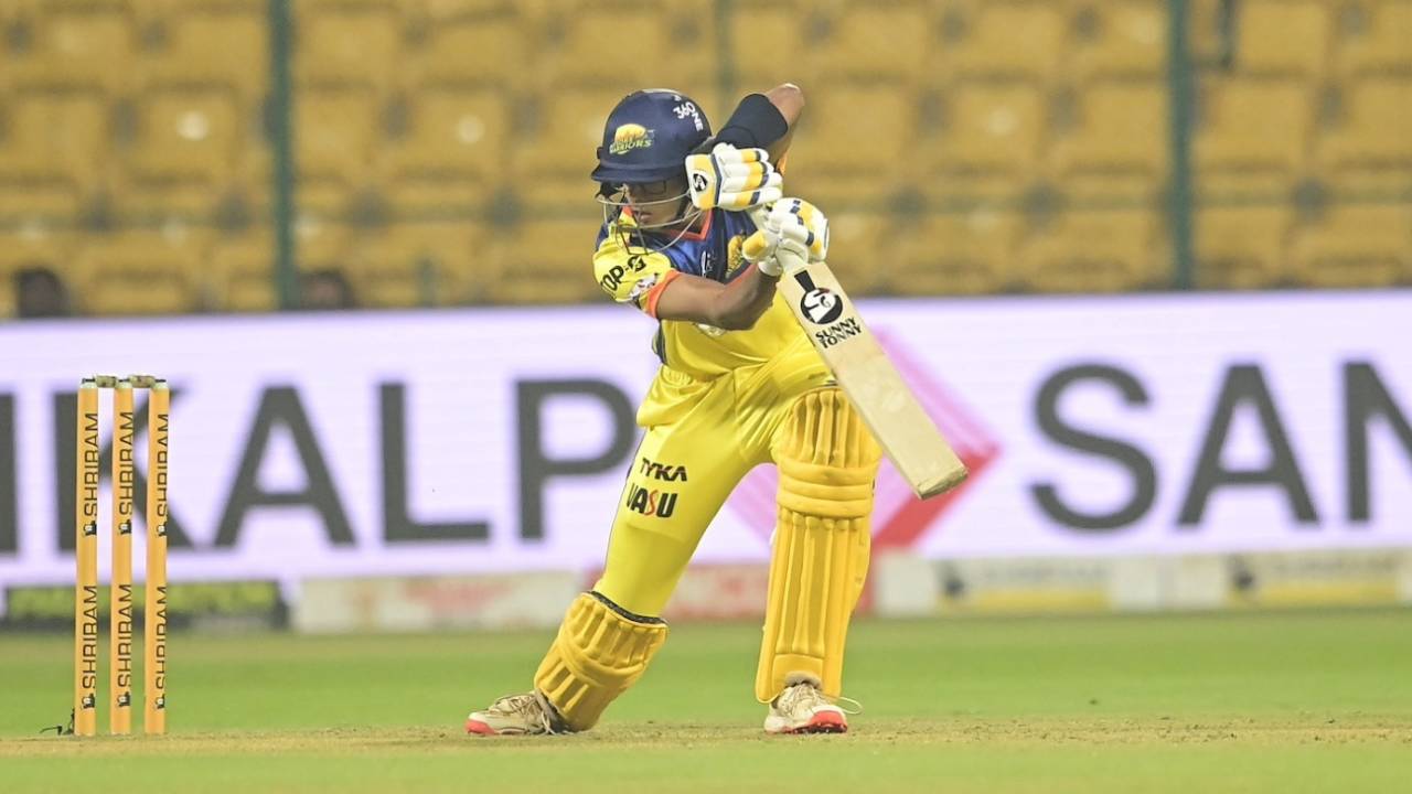 Samit Dravid opens the face of his bat to play towards point, Bengaluru, August 16, 2024