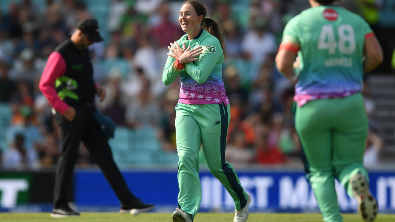 Amanda-Jade Wellington celebrates a wicket, Oval Invincibles vs London Spirit, Women's Hundred Eliminator, The Oval, August 17, 2024