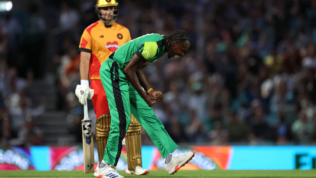 Jofra Archer screams after dismissing Dan Mousley, Birmingham Phoenix vs Southern Brave, Men's Eliminator, The Oval, August 17, 2024