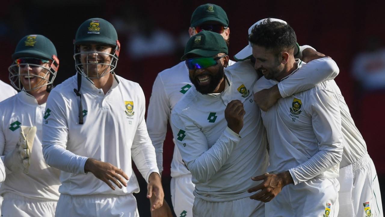 Keshav Maharaj celebrates after trapping Joshua Da Silva lbw, West Indies vs South Africa, 2nd Test, day 3, Providence, August 17, 2024