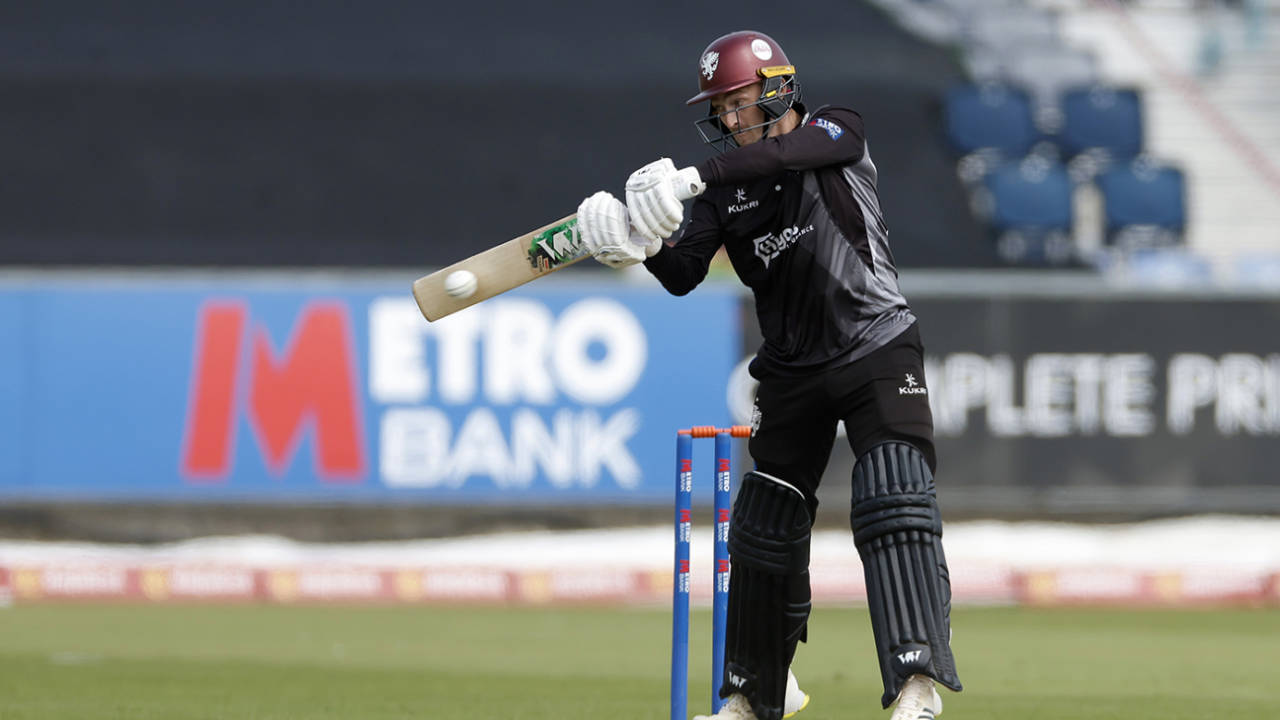 Lewis Goldsworthy launches into a cut shot, Durham vs Somerset, Metro Bank Cup, Chester-le-Street, July 31, 2024