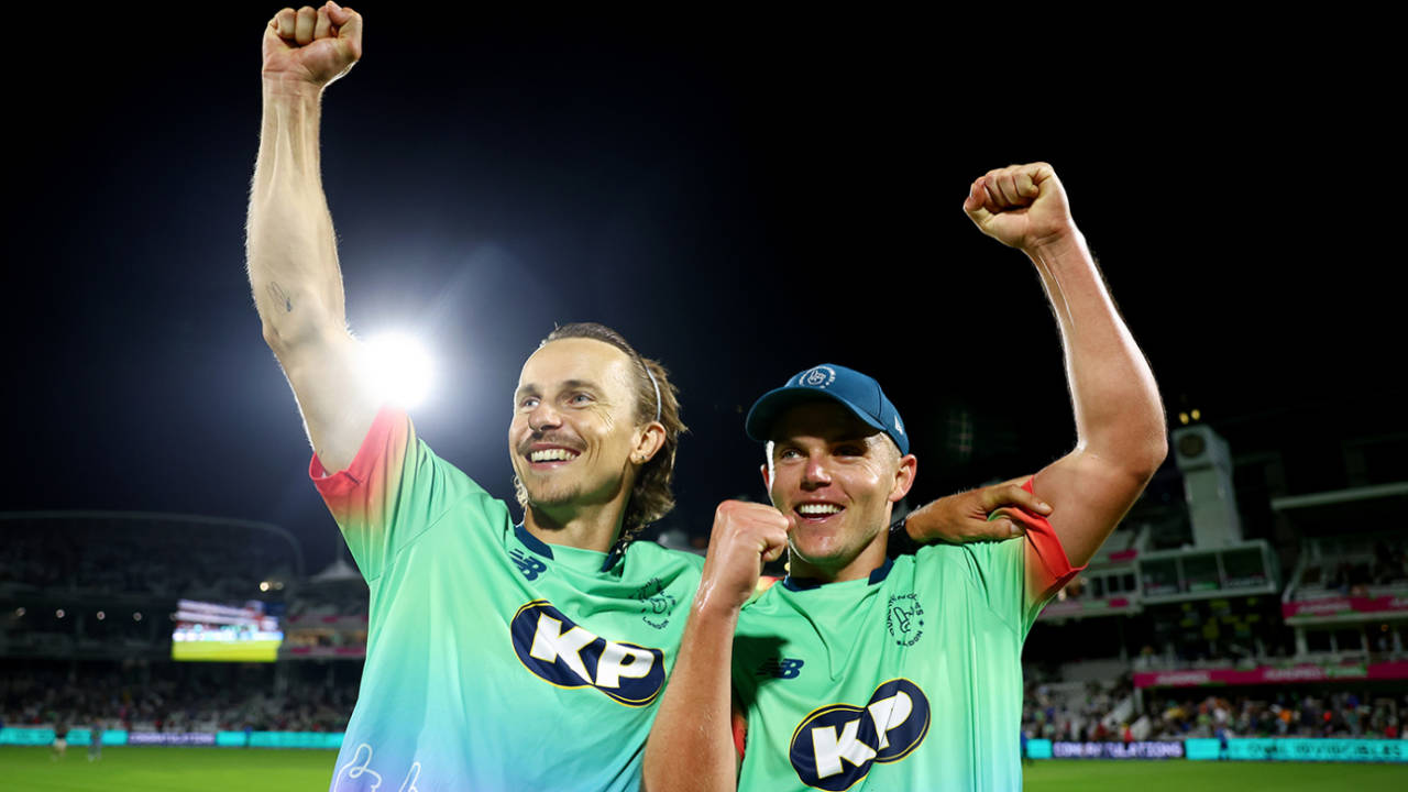 Tom Curran and Sam Curran celebrate Invincibles' title, Oval Invincibles vs Southern Brave, Men's Hundred final, Lord's, August 18, 2024
