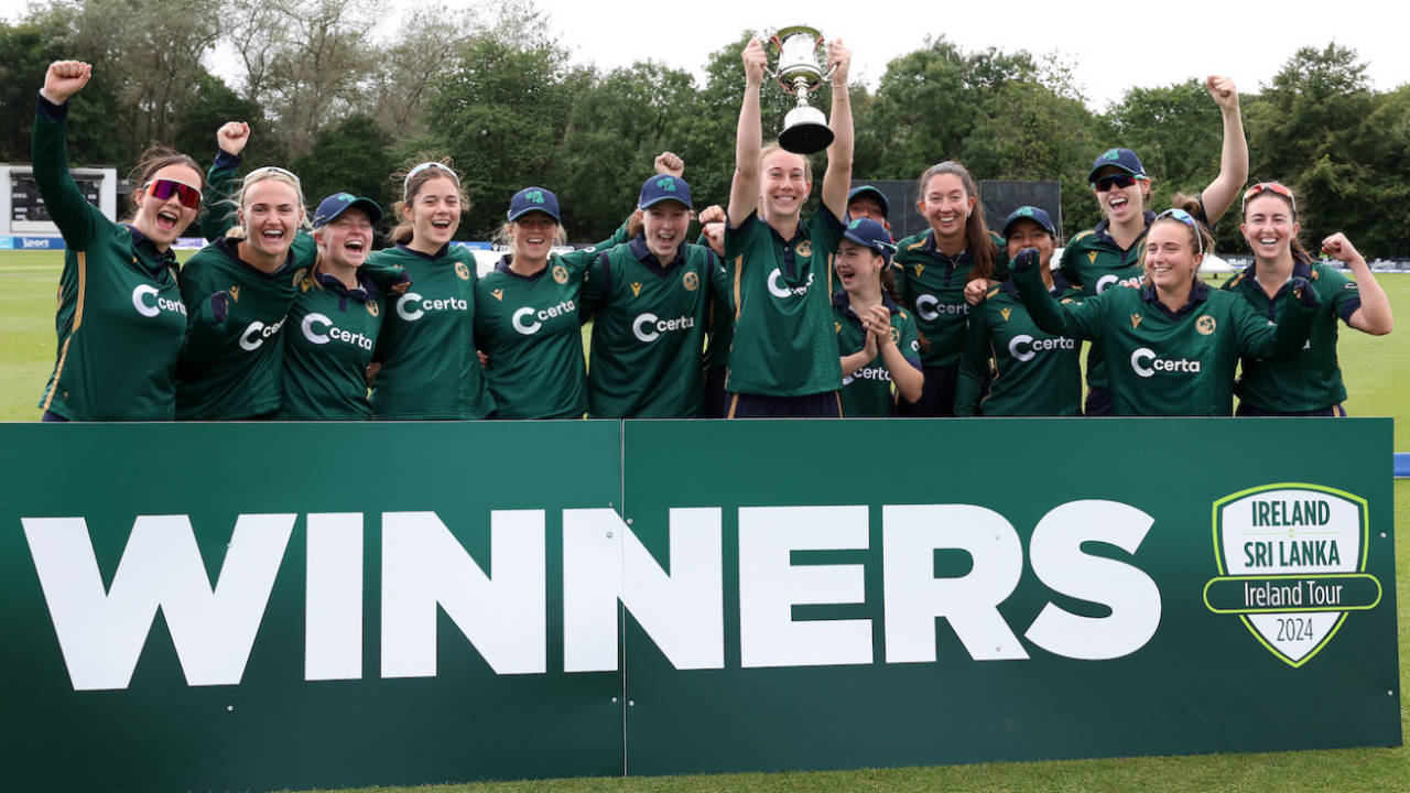 Ireland hold the trophy aloft after defeating Sri Lanka 2-1 in the ODI series, Ireland vs Sri Lanka, 3rd Women's ODI, Belfast, August 20, 2024 