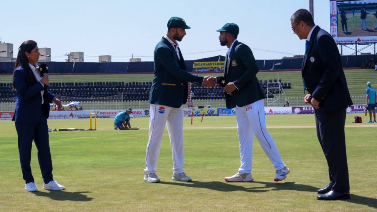 Shan Masood and Najmul Hossain Shanto at the toss, Pakistan vs Bangladesh, 1st Test, ICC World Test Championship, Rawalpindi, Day 1, August 21, 2024