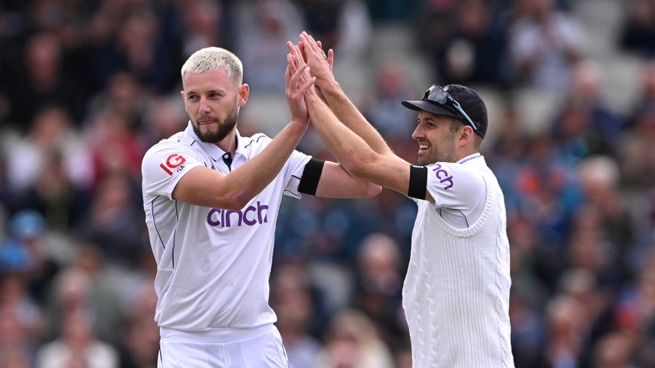Gus Atkinson celebrates a wicket with Mark Wood, England vs Sri Lanka, 1st Test, Emirates Old Trafford, August 21, 2024