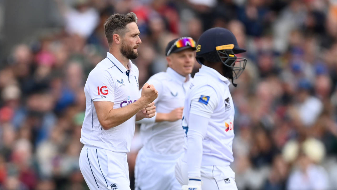 Chris Woakes of England celebrates dismissing Nishan Madushka, England vs Sri Lanka, 1st Test, Emirates Old Trafford, August 21, 2024
