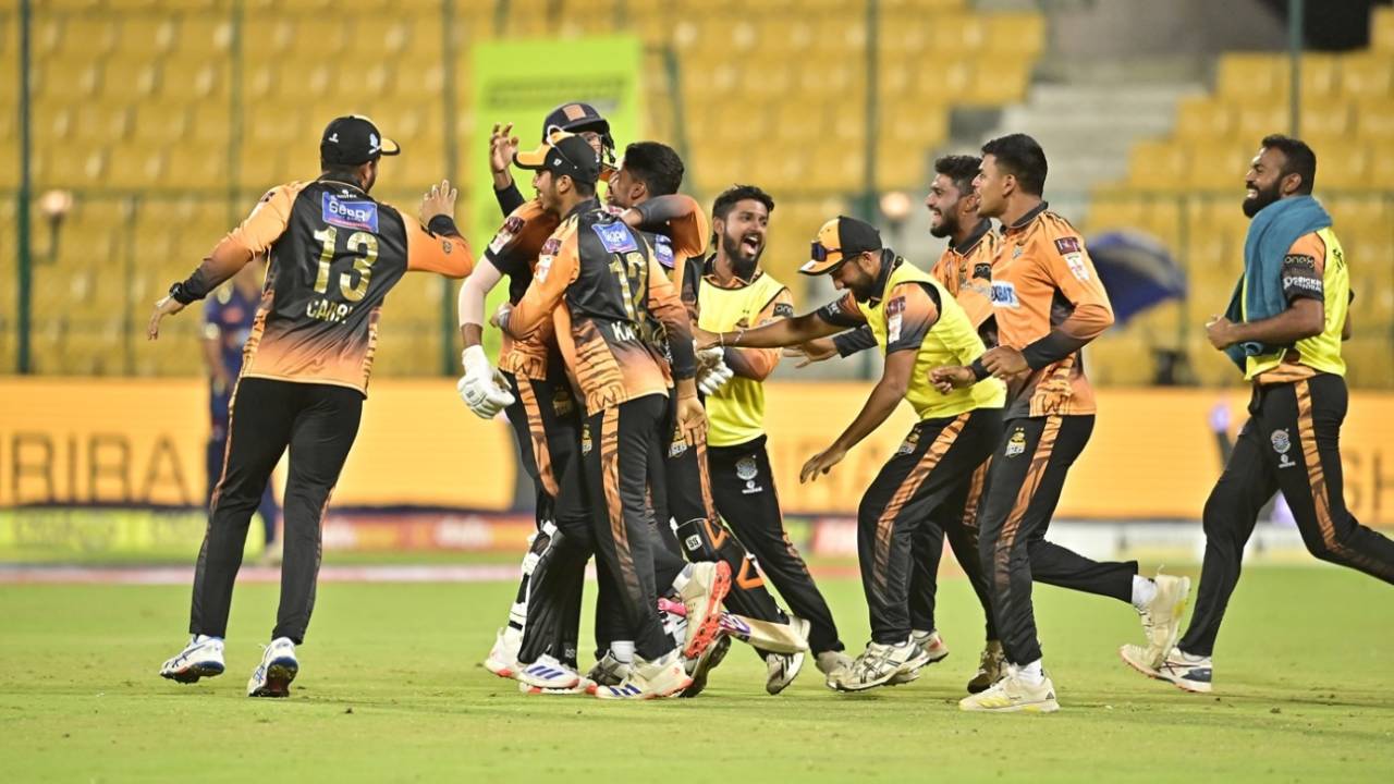 Hubli Tigers celebrate victory after three Super Overs, Bengaluru Blasters vs Hubli Tigers, Maharaja T20 Trophy, Bengaluru, August 23, 2024