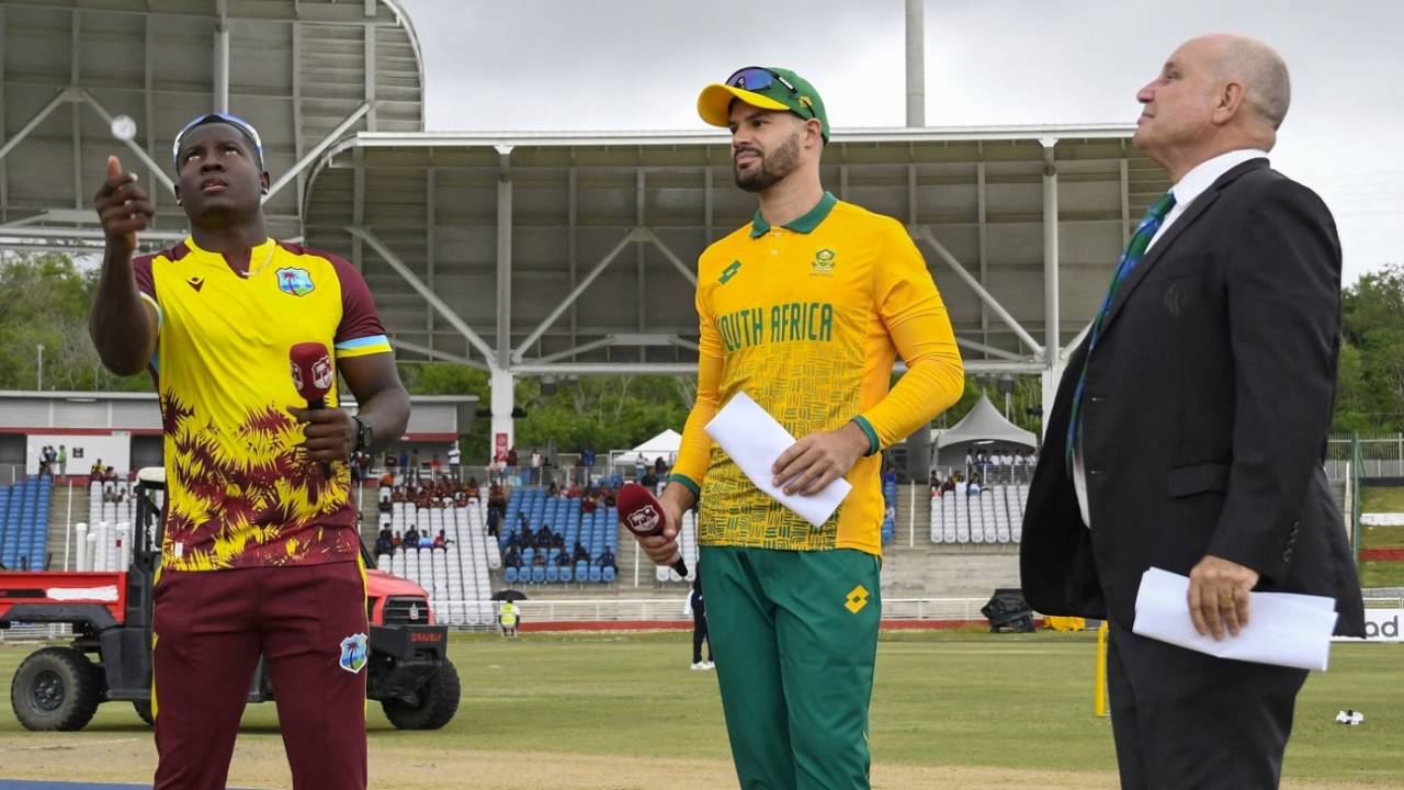 Rovman Powell, Aiden Markram and match referee Andy Pycroft at the toss, West Indies vs South Africa, 1st T20I, Tarouba, August 23, 2024