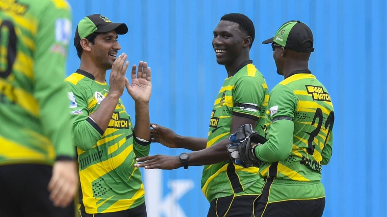 Kelvin Pitman celebrates a wicket with his team-mates, Jamaica Tallawahs vs Trinbago Knight Riders, CPL, Bridgetown, September 3, 2023