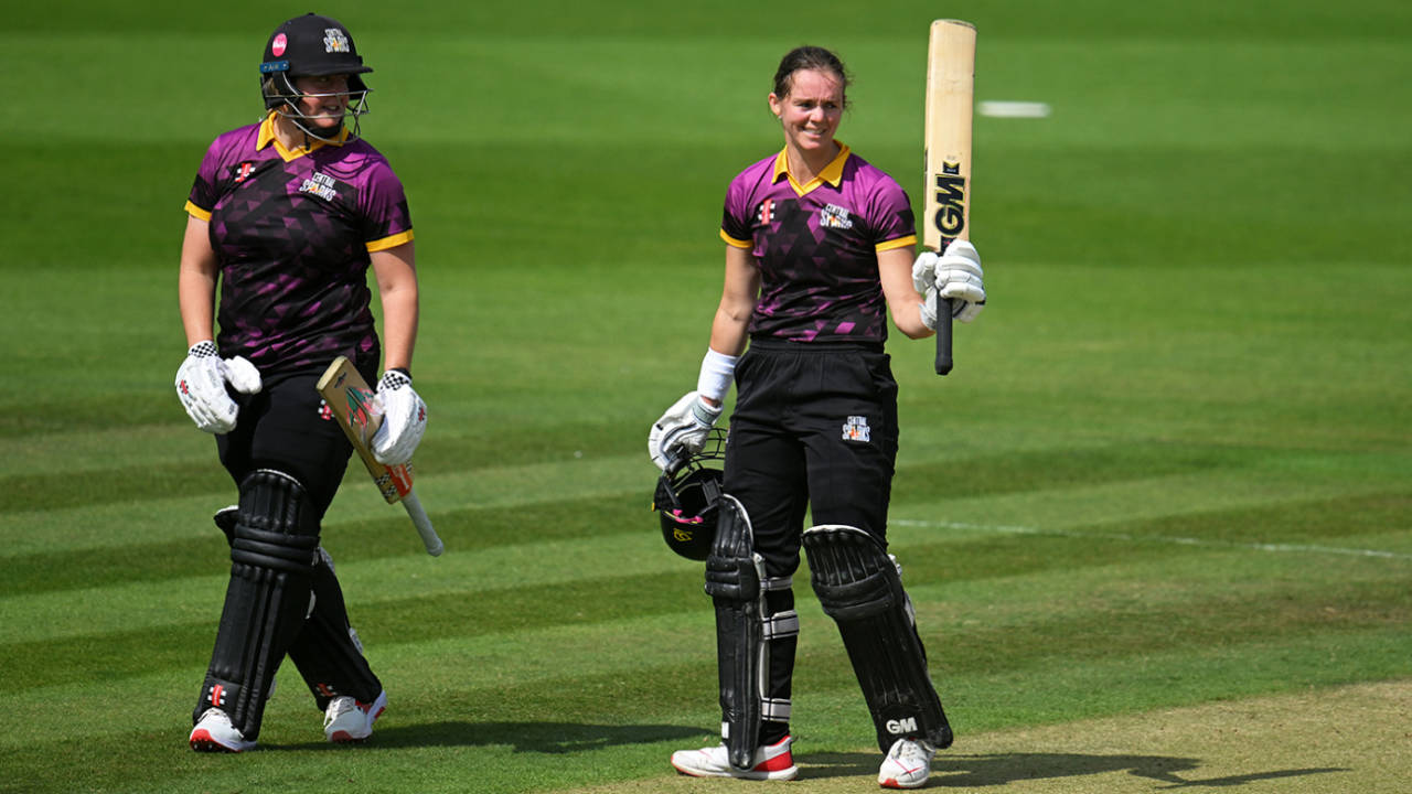 Eve Jones acknowledges her century, Western Storm vs Central Sparks, Rachael Heyhoe Flint Trophy, Taunton, August 26, 2024