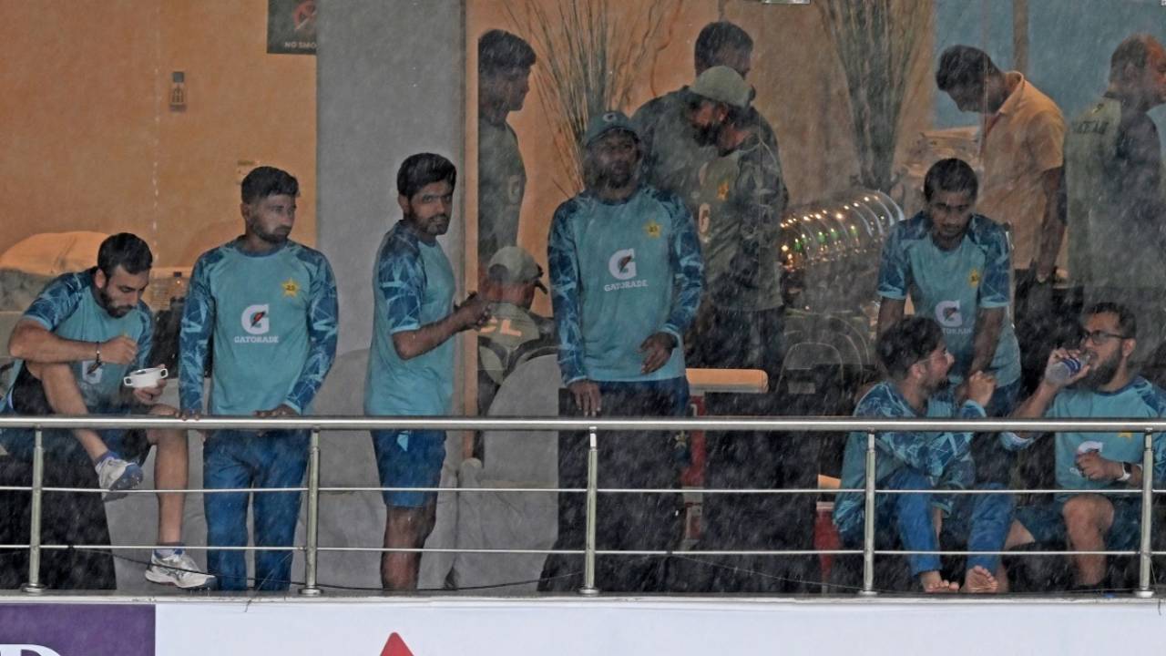 The Pakistan players out on rain-watching duties, Rawalpindi, August 29, 2024