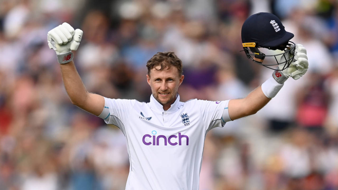 Joe Root celebrates his 33rd Test hundred, and his sixth at Lord's, England vs Sri Lanka, 2nd Test, Lord's, 1st day, August 29, 2024