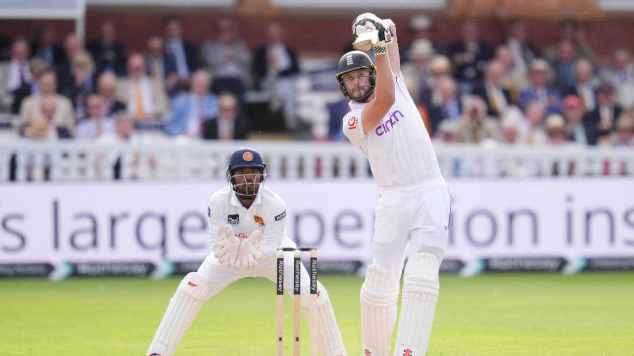 Gus Atkinson drives over long-off for six, England vs Sri Lanka, 2nd Test, Lord's, 1st day, August 29, 2024