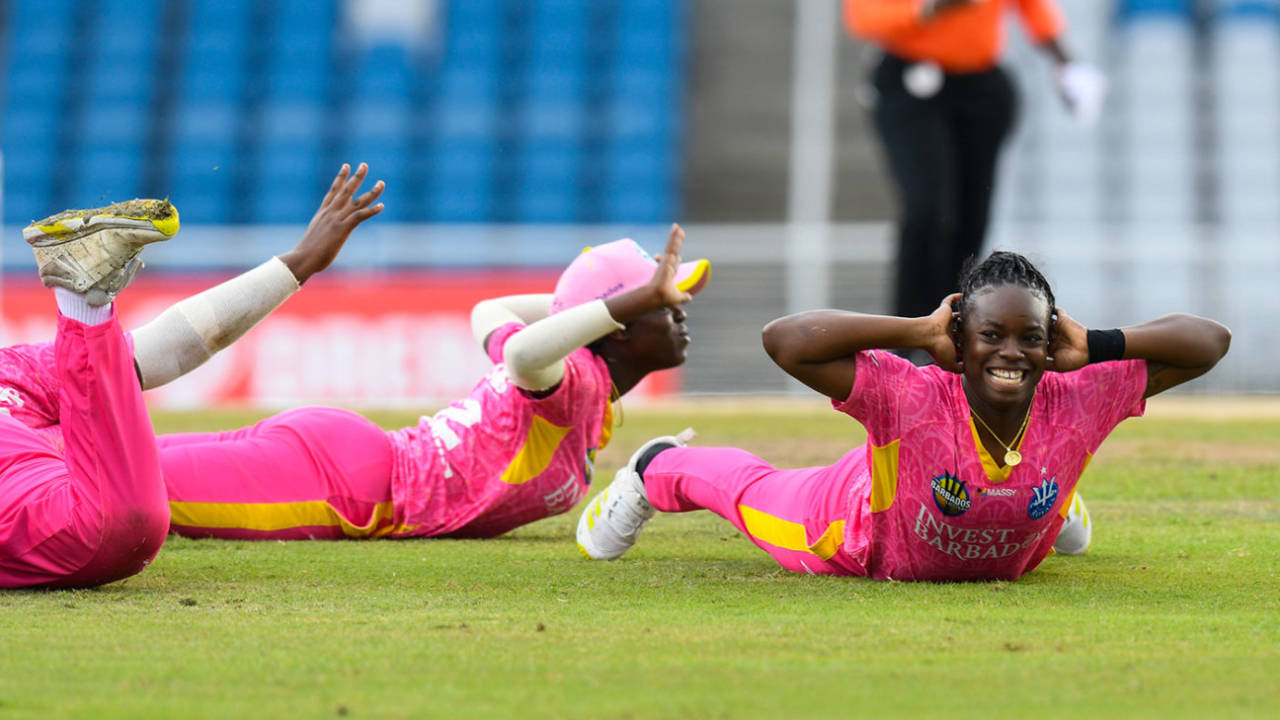Aaliyah Alleyne leads an innovative wicket celebration, Barbados Royals vs 
Trinbago Knight Riders, WCPL final, Tarouba, August 29, 24