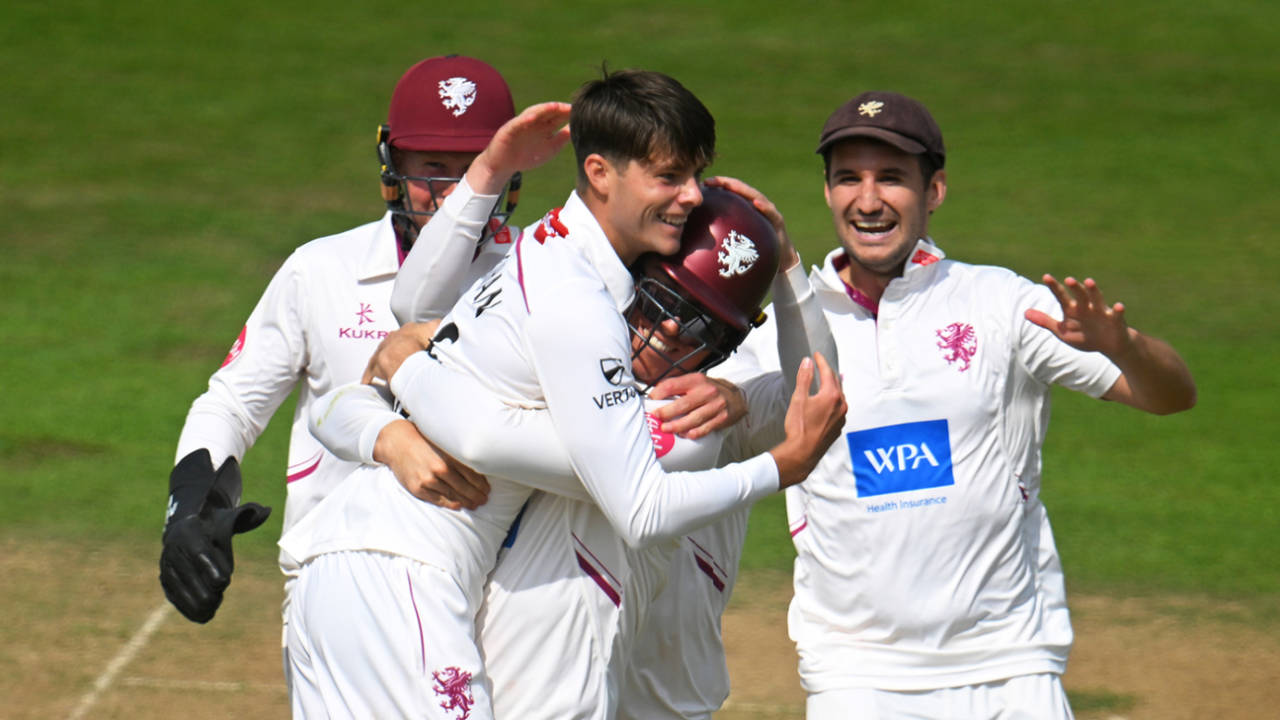 Archie Vaughan is mobbed after taking his maiden first-class wicket, Somerset vs Durham, County Championship, Taunton, August 30, 2024