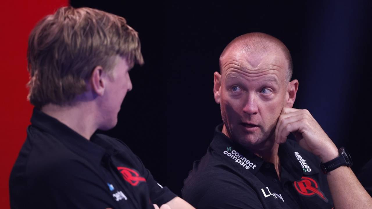 Melbourne Renegades' Cameron White and Will Sutherland chat during the draft, Melbourne, September 1, 2024