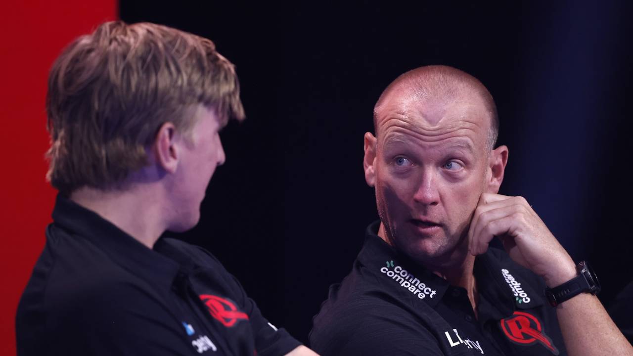 Melbourne Renegades' Cameron White and Will Sutherland chat during the draft, Melbourne, September 1, 2024