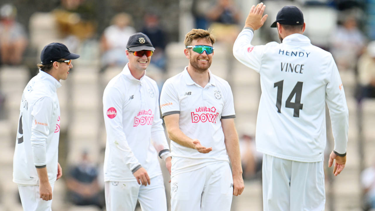 Liam Dawson gets a high five from James Vince, Hampshire vs Essex, County Championship, Utilita Bowl, August 23, 2024