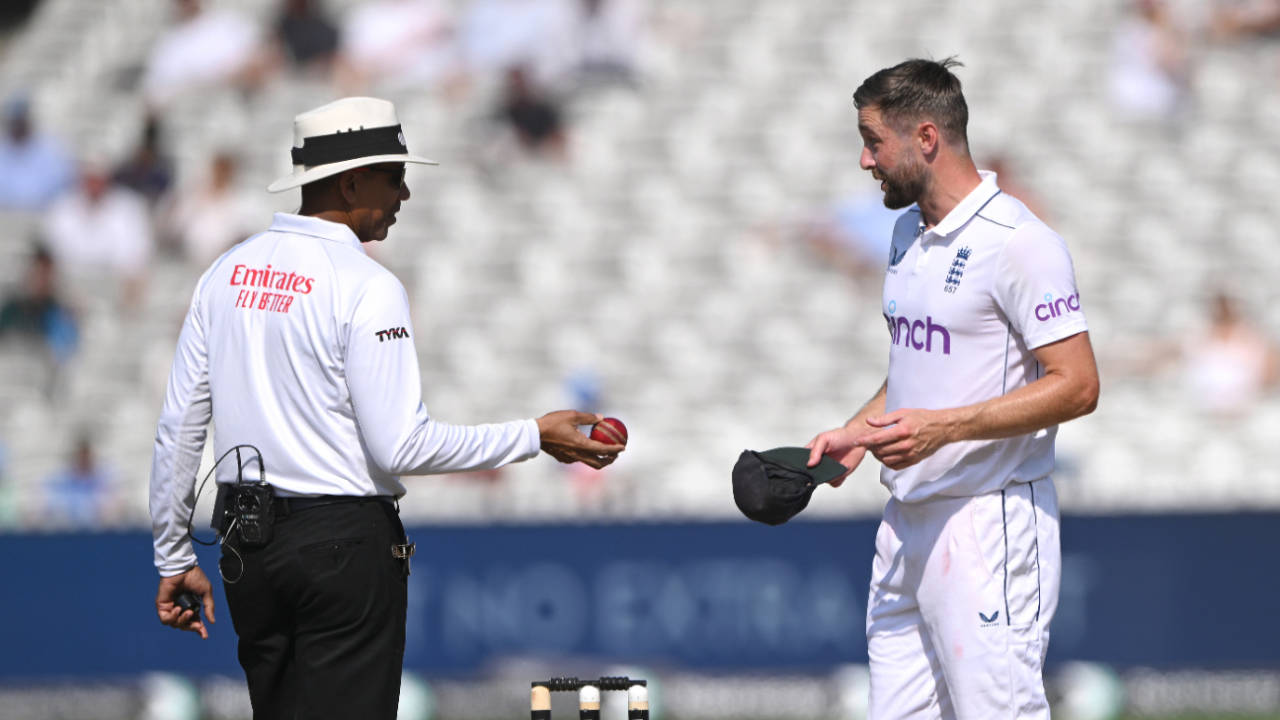 Chris Woakes queries DRS with Joel Wilson after an over-turned lbw appeal, England vs Sri Lanka, 2nd Test, Lord's, 4th day, September 1, 2024