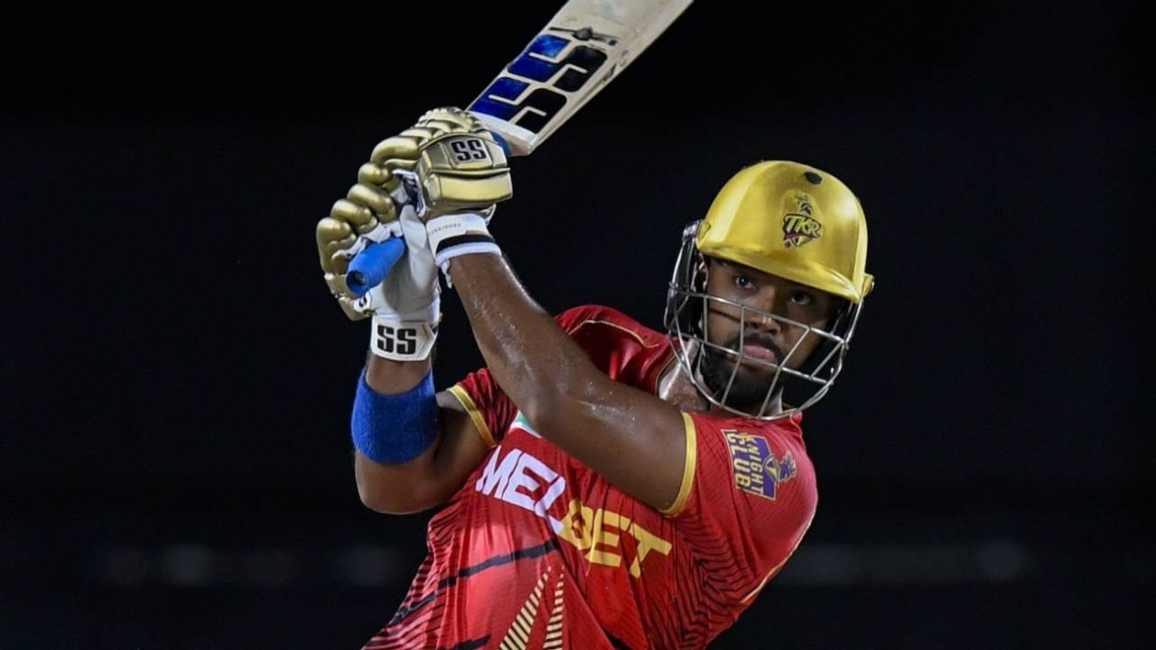 Nicholas Pooran smashes the ball down the ground, St Kitts and Nevis Patriots vs Trinbago Knight Riders, CPL 2024, Basseterre, August 31, 2024

