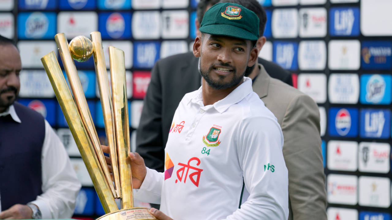 Najmul Hossain Shanto with Bangladesh's well-earned trophy, Pakistan vs Bangladesh, 2nd Test, Rawalpindi, 5th day, September 3, 2024