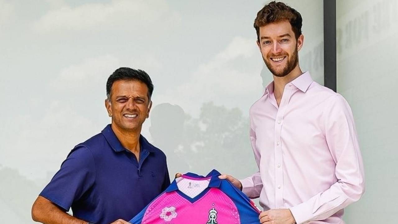 Jake Lush McCrum presents Rahul Dravid with the Rajasthan Royals jersey, September 4, 2024