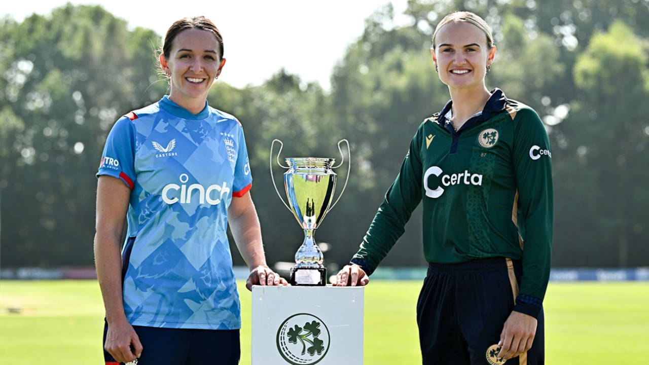 Kate Cross and Gaby Lewis pose with the series trophy, Ireland vs England, 1st Women's ODI, Stormont, September 6, 2024