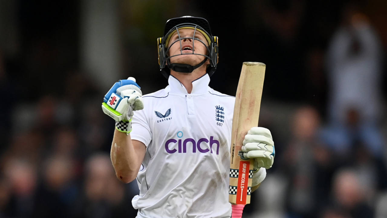 Ollie Pope looked relieved upon reaching three figures, England vs Sri Lanka, 3rd Men's Test, Day 1, The Oval, September 6, 2024