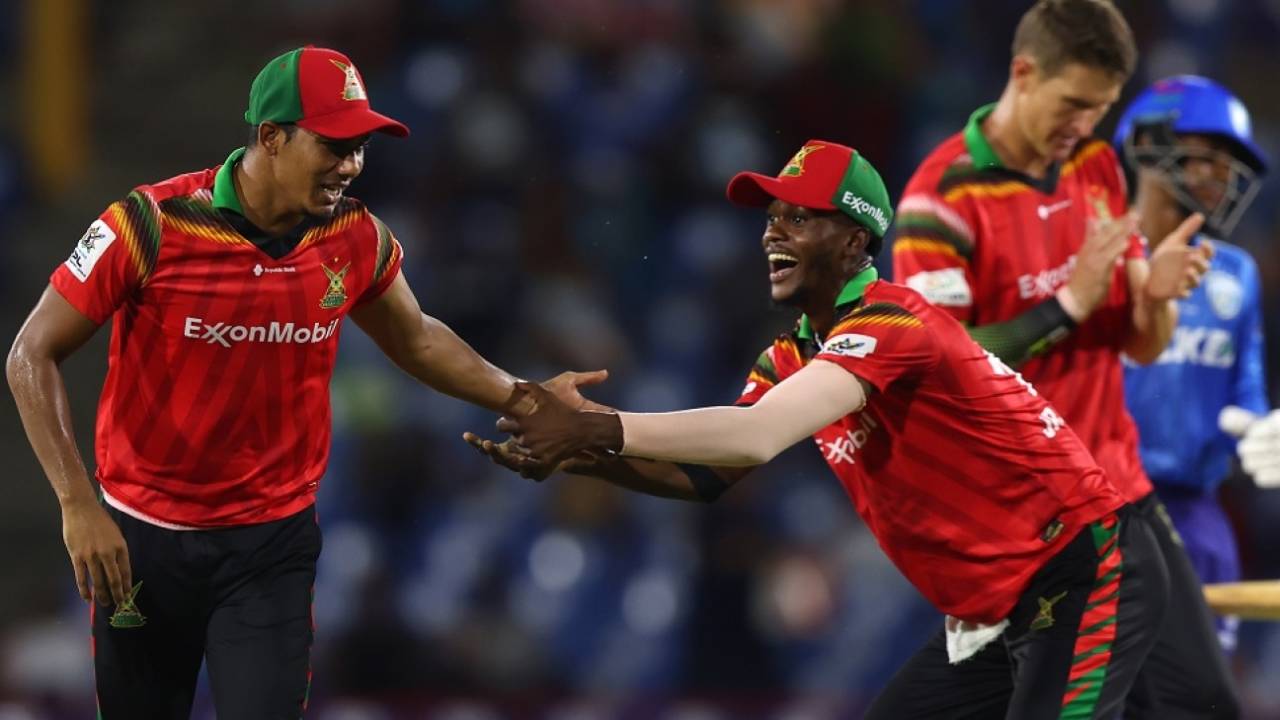 Gudakesh Motie and Junior Sinclair celebrate a run out, St Lucia Kings vs Guyana Amazon Warriors, CPL 2024, September 7, 2024