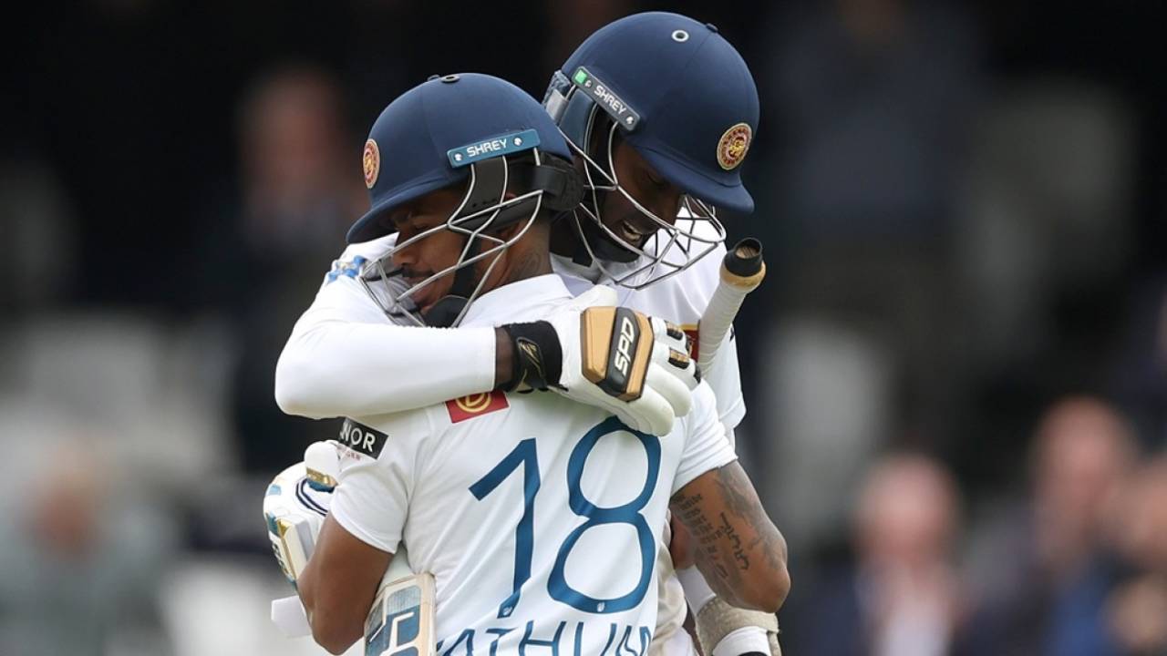 Angelo Mathews and Pathum Nissanka celebrate Sri Lanka's famous win, England vs Sri Lanka, 3rd Men's Test, The Oval, London, 4th day, September 9, 2024