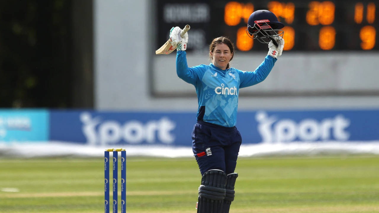 Tammy Beaumont celebrates reaching 150, Ireland vs England, 2nd ODI, Stormont, September 9, 2024