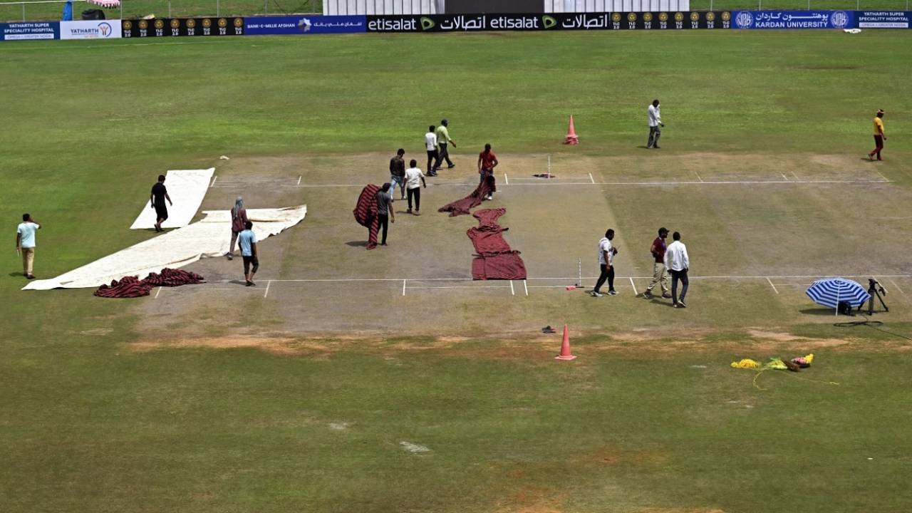 The ground staff work around the pitch and the outfield, Afghanistan vs New Zealand, Only Test, 2nd day, Greater Noida, September 10, 2024