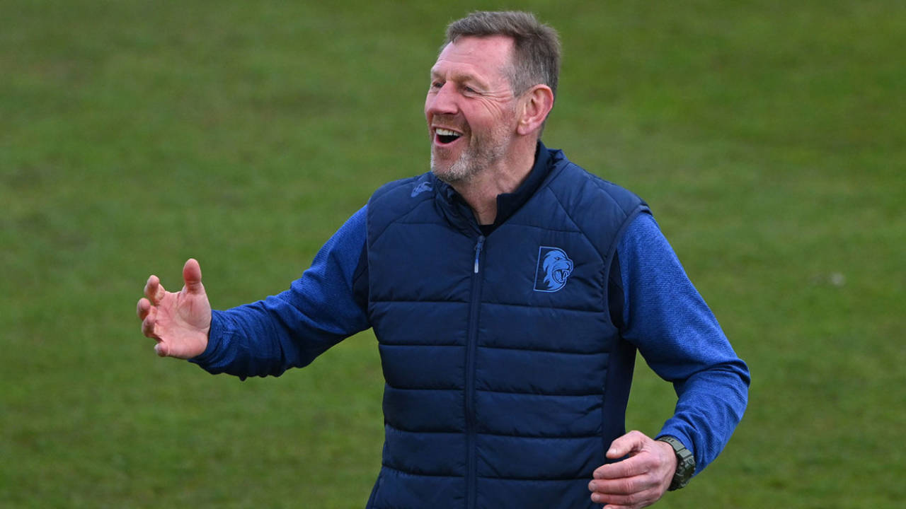 Alan Walker, Durham's assistant coach, reacts during warm-ups ahead of the start of play, Durham vs Essex, County Championship, Division One, Chester-le-Street, April 26, 2024