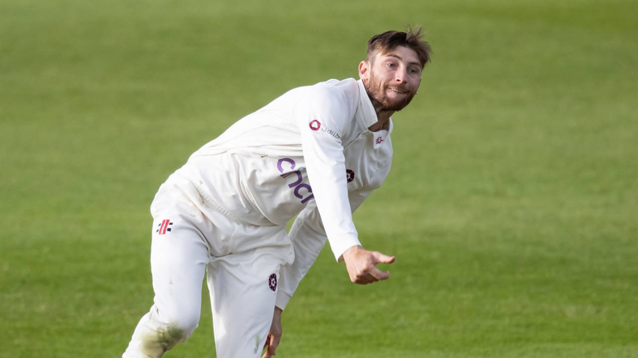 Rob Keogh in his delivery stride, Vitality County Championship, division two, Northamptonshire vs Yorkshire, Northampton, May 24, 2024