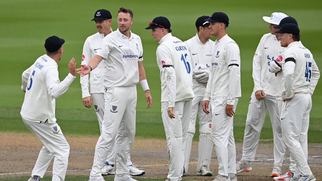 Ollie Robinson celebrates a wicket with team-mates, County Championship, Division 2, Sussex vs Glamorgan, Hove, September 09, 2024