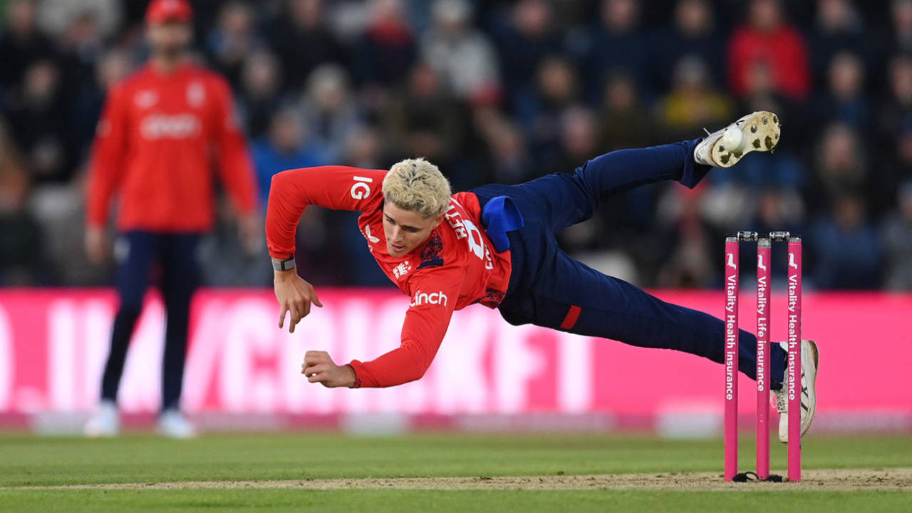 Jacob Bethell dives in his follow through, England vs Australia, 1st T20I, Southampton, September 11, 2024