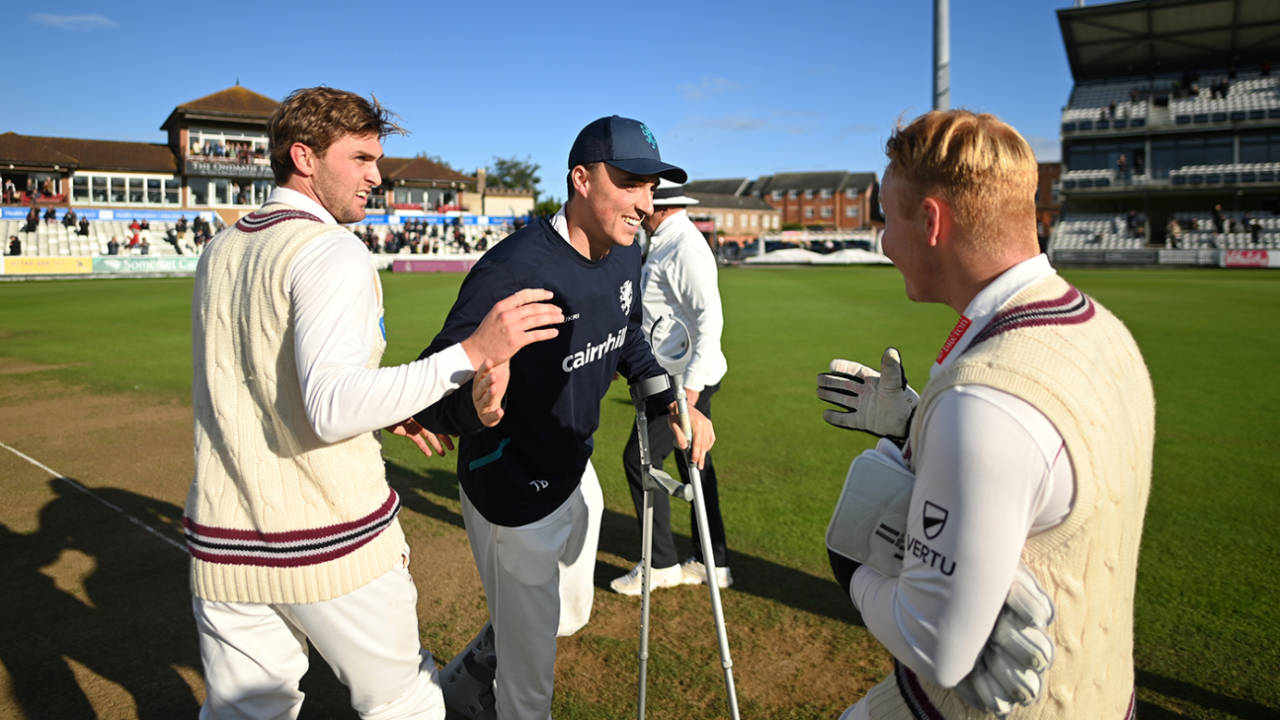 Tom Banton joins in the celebrations despite needing crutches, Somerset vs Surrey, County Championship, Taunton, September 12, 2024